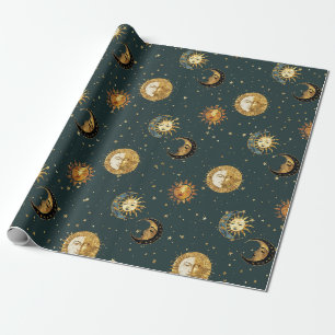 Gold Celestial Sun Moon Stars Midnight Blue Wrapping Paper