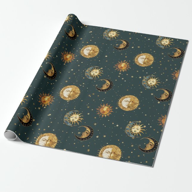 Gold Celestial Sun Moon Stars Midnight Blue Wrapping Paper (Unrolled)