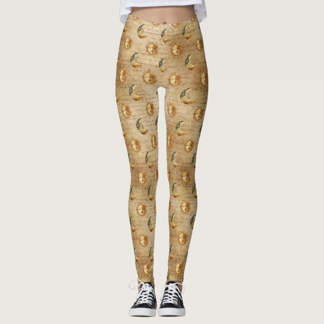 Gold Celestial Sun Moon Vintage Astrology Pattern Leggings (Front)