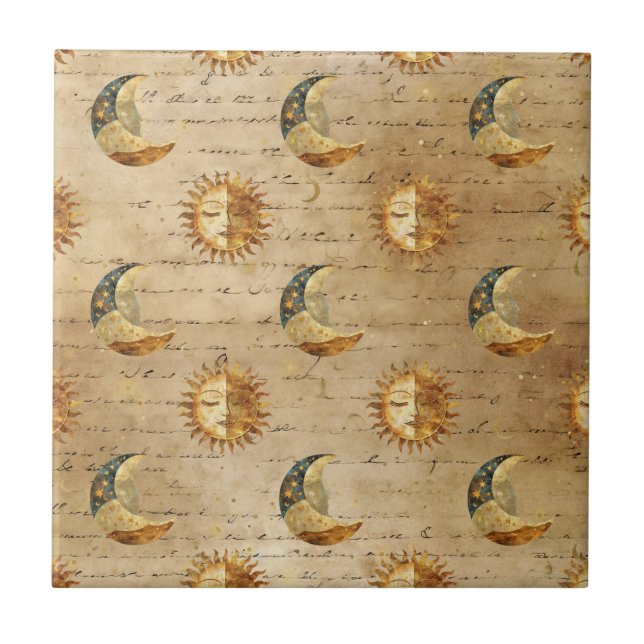 Gold Celestial Sun Moon Vintage Astrology Pattern Tile (Front)