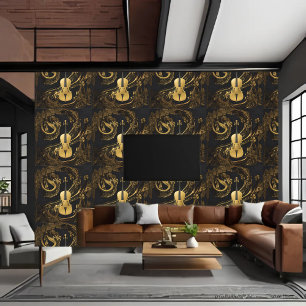 Gold Cello and Music on Black Back Peel and Stick Wallpaper
