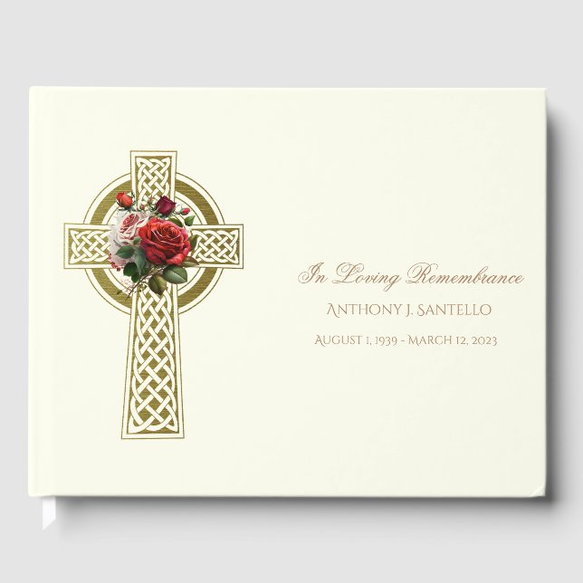 Gold Celtic Cross Irish Roses Memorial Funeral Guest Book (Front)