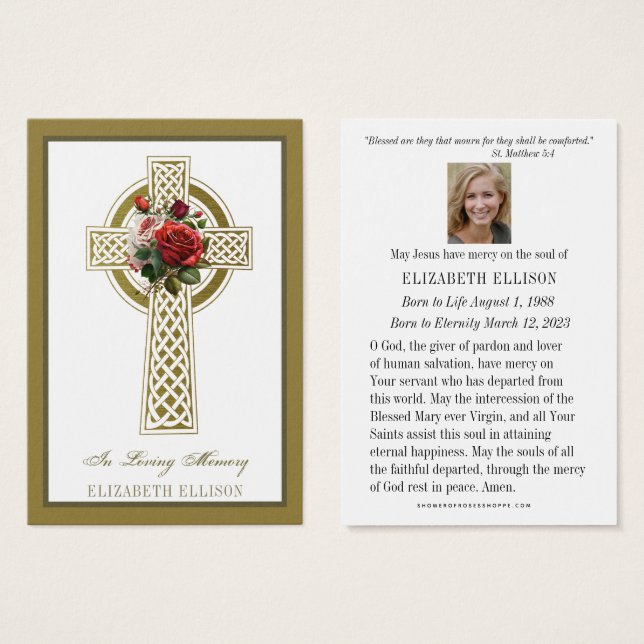 Gold Celtic Cross Roses  Funeral Prayer Card (Front & Back)