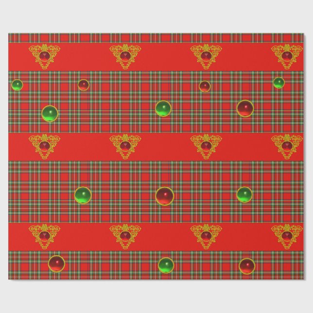 GOLD CELTIC HEART,GEMS, RED GREEN SCOTTISH TARTAN WRAPPING PAPER (Flat)
