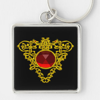 GOLD CELTIC HEART JEWEL WITH RED RUBY GEMSTONE KEY RING