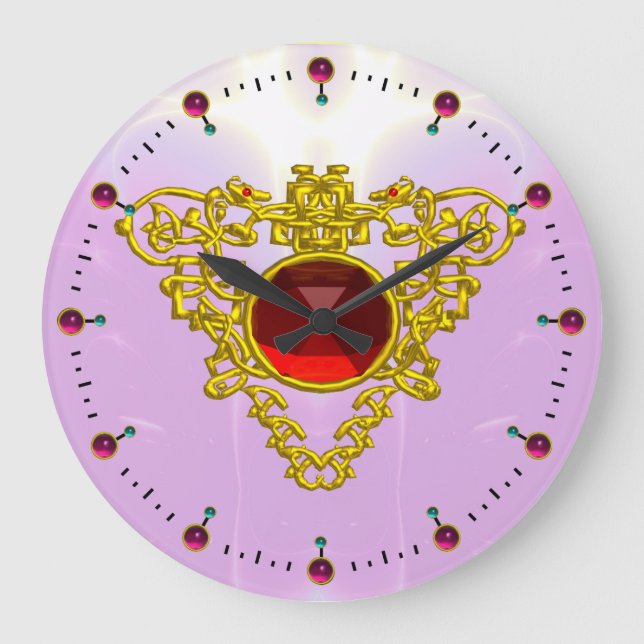 GOLD CELTIC HEART WITH  RED RUBY,Black Large Clock (Front)
