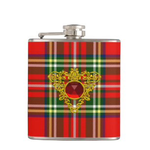 GOLD CELTIC HEART WITH RED RUBY ON SCOTTISH TARTAN HIP FLASK