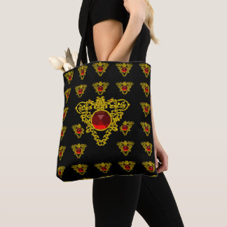 GOLD CELTIC KNOT HEART JEWEL RED GEMSTONE Black Tote Bag