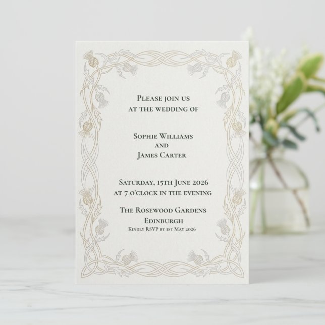 Gold Celtic Knot Thistle Border Elegant Scottish W Invitation (Standing Front)