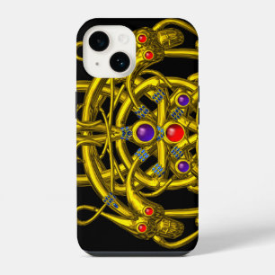 GOLD CELTIC KNOTS,TWIN DRAGONS AND GEMSTONES Black iPhone 14 Case