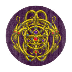 GOLD CELTIC KNOTS WITH TWIN DRAGONS IN PURPLE CUTT CUTTING BOARD