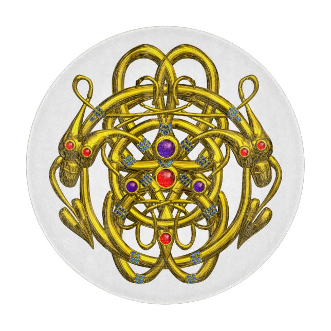 GOLD CELTIC KNOTS WITH TWIN DRAGONS IN WHITE CUTTI CUTTING BOARD (Front)