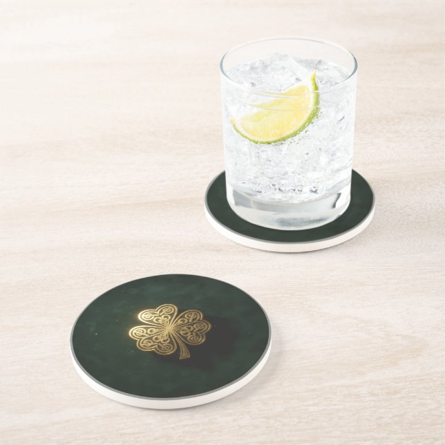 Gold Celtic Shamrock Green Stone Coaster (Side)