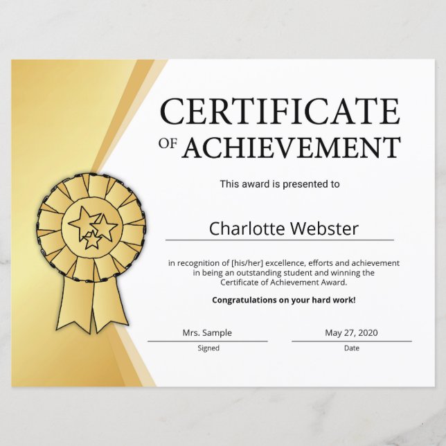 Gold Certificate of Achievement PDF (Front)