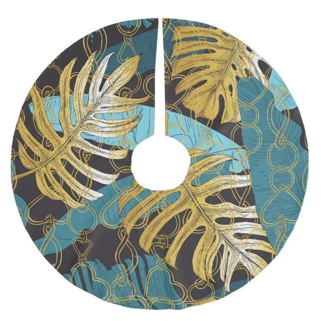 Gold chain curtain, tropical leaves. brushed polyester tree skirt (Front)