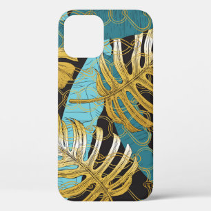 Gold chain curtain, tropical leaves. iPhone 12 case