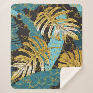 Gold chain curtain, tropical leaves. sherpa blanket