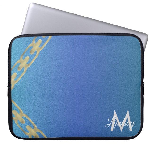 Gold Chain Glitter Blue Monogrammed  Laptop Sleeve (Front)