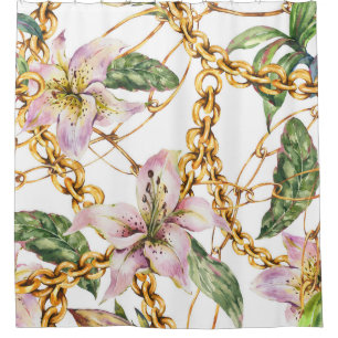 Gold Chains & Royal Lilies: Watercolor Elegance Shower Curtain