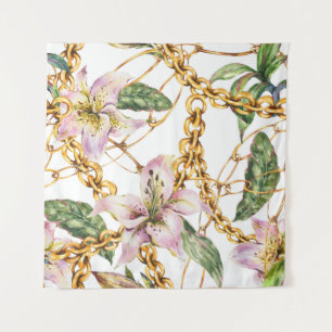 Gold Chains & Royal Lilies: Watercolor Elegance Tapestry