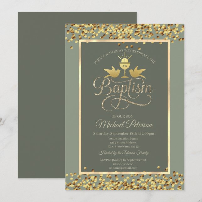 Gold Chalice Confetti Sage Green Invitation (Front/Back)