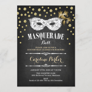 Gold Chalkboard Masquerade Ball Birthday Party Invitation