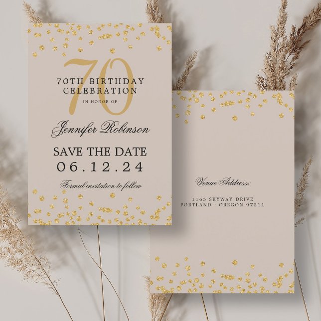 Gold Champagne 70th Birthday Save Date Confetti Invitation (Gold Champagne 70th Birthday Save Date Confetti Invitation)