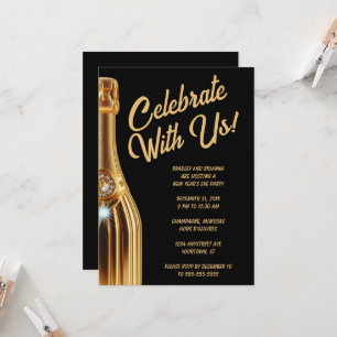 Gold Champagne Bottle on Black New Year's Eve Invitation