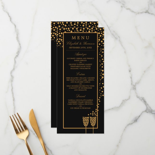 Gold Champagne Bubbles - Black & Gold - Wedding Menu (Front/Back In Situ)