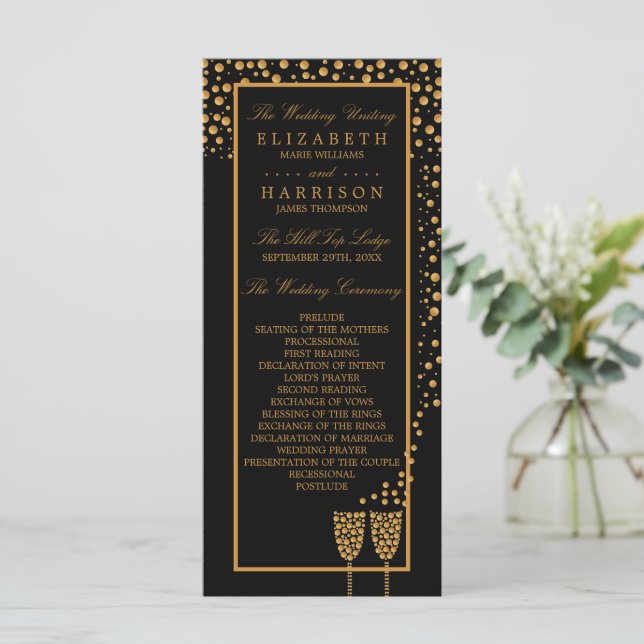 Gold Champagne Bubbles - Black & Gold - Wedding Programme (Standing Front)