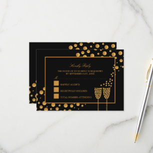 Gold Champagne Bubbles - Black & Gold - Wedding RSVP Card