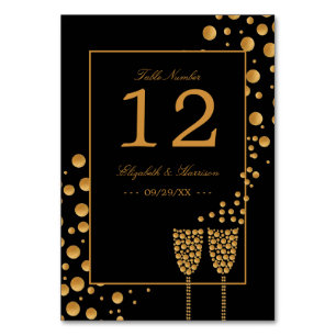 Gold Champagne Bubbles - Black & Gold - Wedding Table Number
