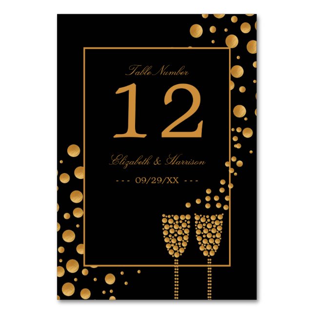 Gold Champagne Bubbles - Black & Gold - Wedding Table Number (Front)