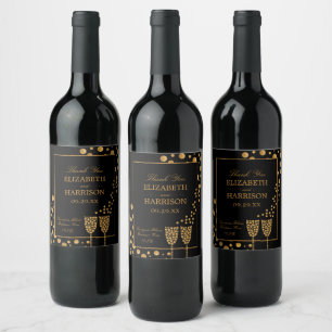 Gold Champagne Bubbles, Black & Gold Wedding Wine Label
