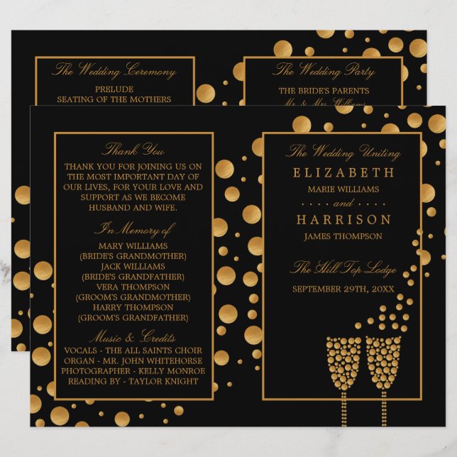 Gold Champagne Bubbles BlackGold Wedding Programme (Front/Back)