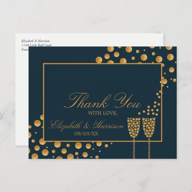 Gold Champagne Bubbles - Blue & Gold - Thank You Postcard (Front/Back)