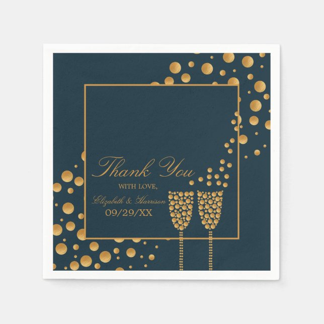 Gold Champagne Bubbles - Blue & Gold - Wedding Napkin (Front)