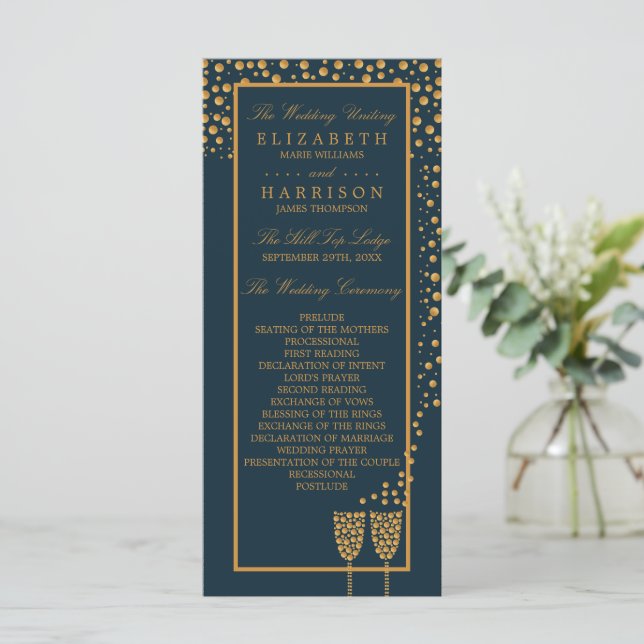 Gold Champagne Bubbles - Blue & Gold - Wedding Programme (Standing Front)