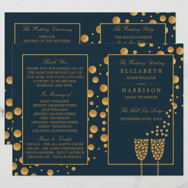 Gold Champagne Bubbles Blue/Gold Wedding Programme (Front/Back)
