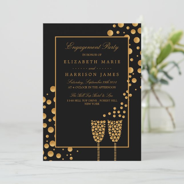 Gold Champagne Bubbles Engagement Party Invitation (Standing Front)