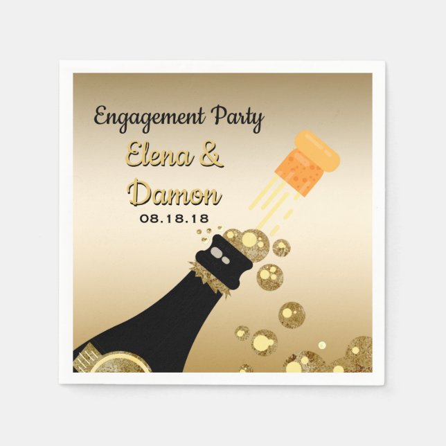 Gold Champagne Bubbles Engagement Party Paper Napkin (Front)