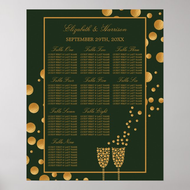 Gold Champagne Bubbles, Green & Gold Seating Chart (Front)