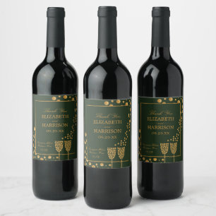 Gold Champagne Bubbles, Green & Gold Wedding Wine Label