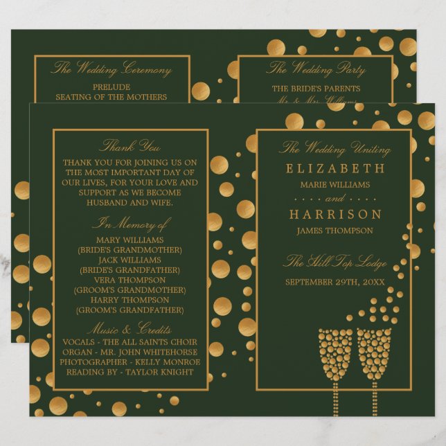 Gold Champagne Bubbles GreenGold Wedding Programme (Front/Back)