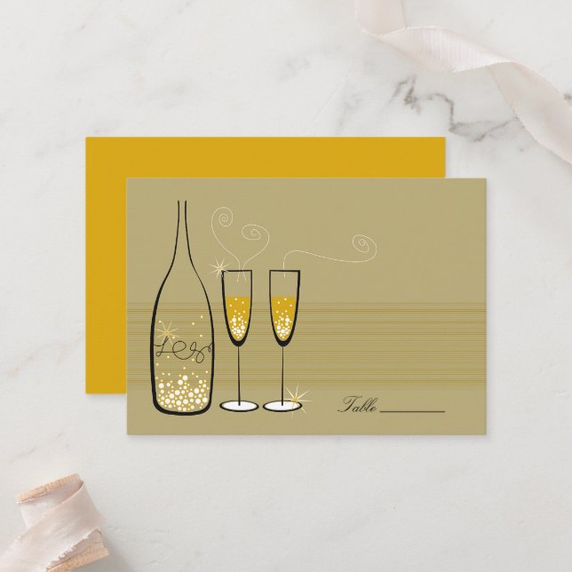 Gold Champagne Bubbles Modern Chic Stylish Wedding Place Card (Front/Back In Situ)