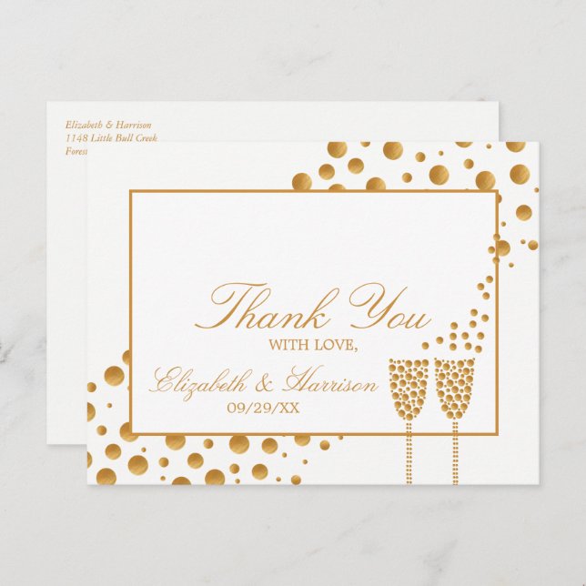 Gold Champagne Bubbles Wedding Thank You Postcard (Front/Back)