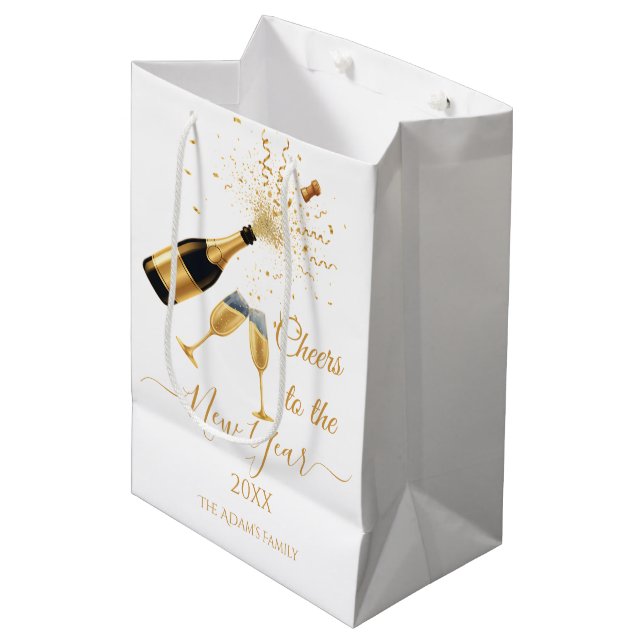  Gold Champagne Cheers New Year Medium Gift Bag (Front Angled)