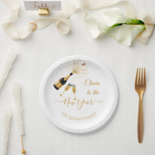 Gold Champagne Cheers New Year Paper Plate