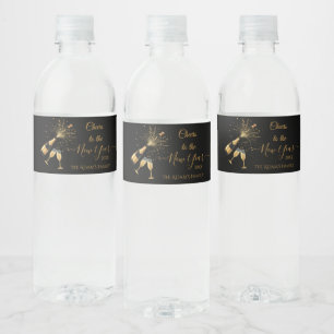 Gold Champagne Cheers New Year Party Water Bottle Label