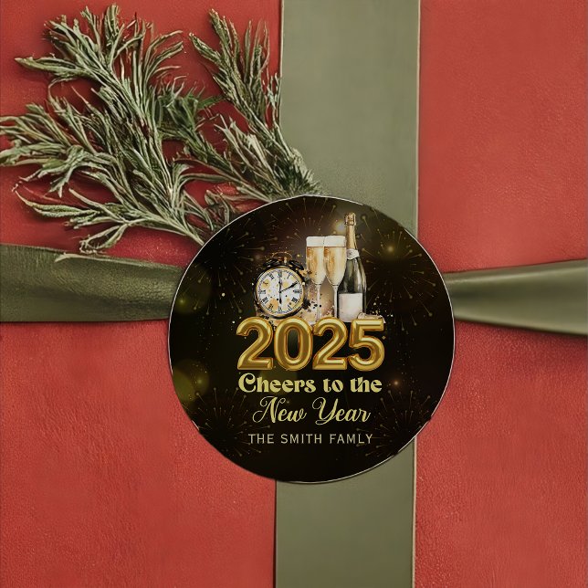 Gold Champagne Cheers New Years Eve Party 2025  Classic Round Sticker (Creator Uploaded)
